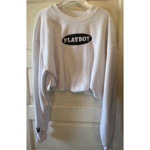 Playboy by PacSun Womens White Cropped Graphic Sweatshirt Large Logo Pullover